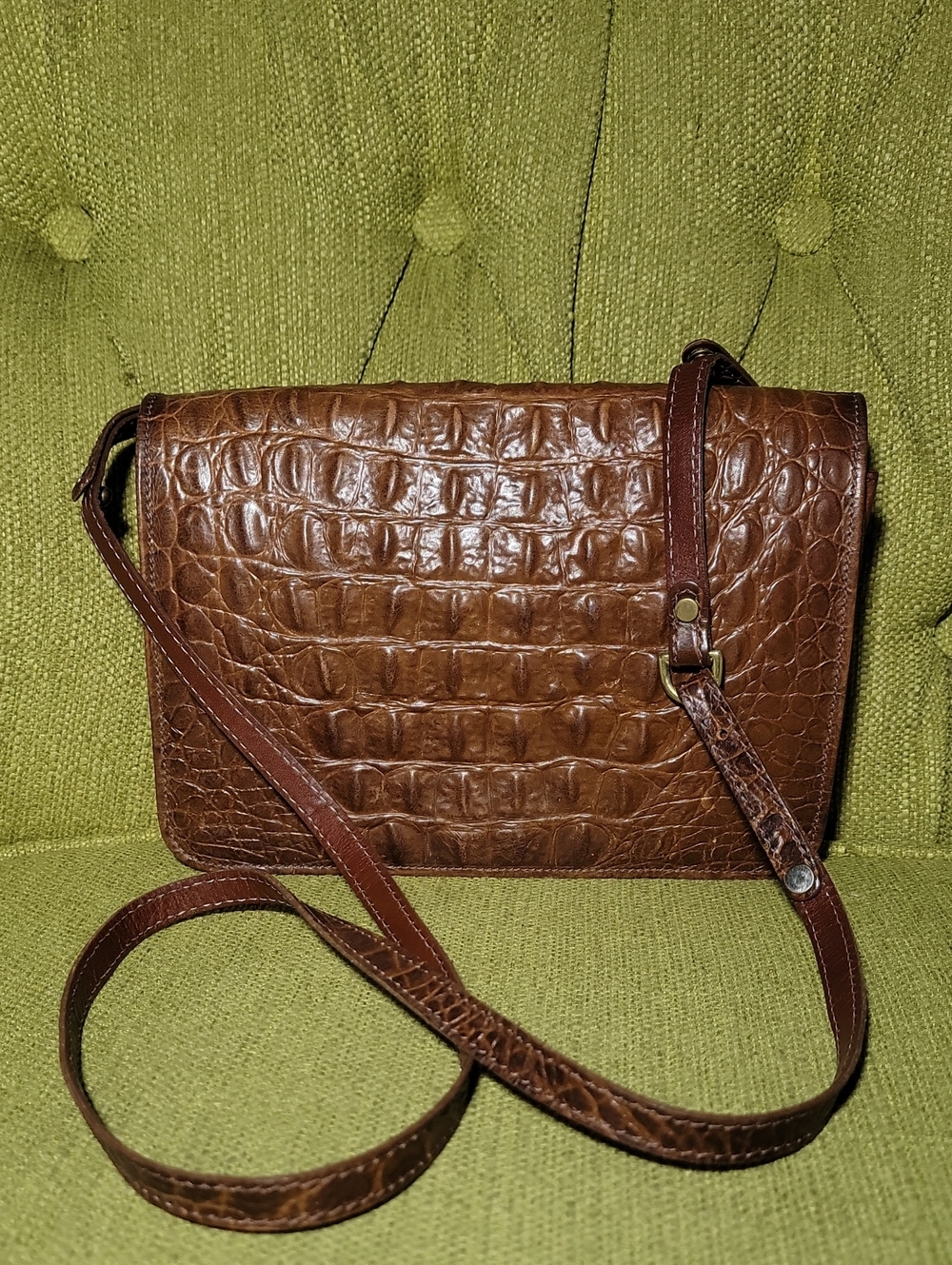 Bramin Brown Vintage Croc-Embossed Leather Crossbody Bag